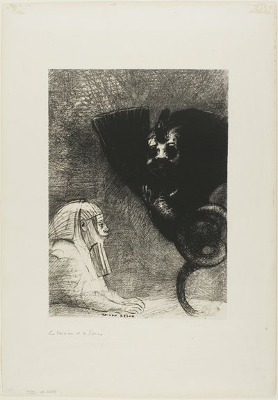 La Esfinge: "...mi mirada que nada puede desviar, pasando a través de los objetos, permanece fija en un horizonte inaccesible." La Quimera: "En cuanto a mí, soy ligera y alegre," lámina 5 de A Gustave Flaubert de Odilon Redon