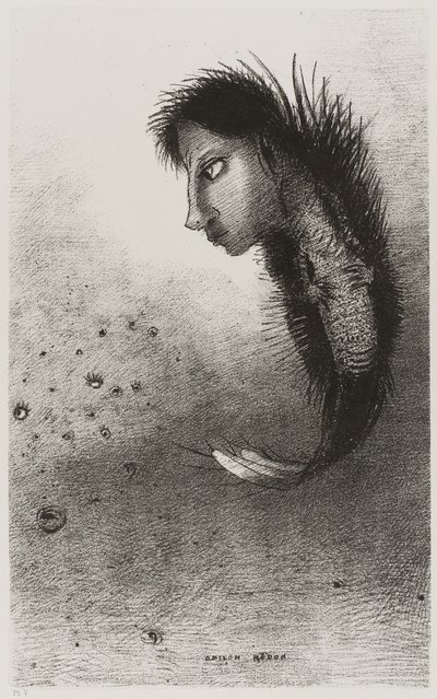 Entonces aparece un ser singular, con cabeza de hombre en el cuerpo de un pez, placa 5 de 10 de Odilon Redon
