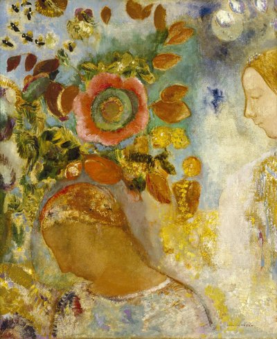 Dos jóvenes muchachas entre flores de Odilon Redon
