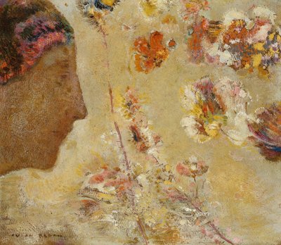 Mujer de perfil con mariposa y flores de Odilon Redon