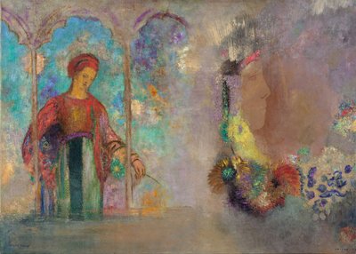 Mujer en una arcada gótica - Mujer con flores de Odilon Redon