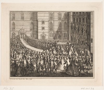 Rey Federico V en procesión a la ceremonia de unción en la iglesia del castillo de Frederiksborg. Ilustración para el acto de unción de Federico IV de Odvardt Helmoldt de Lode