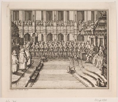 El rey Federico V y la reina Luisa durante la ceremonia de unción en la iglesia del castillo de Frederiksborg. Ilustración para el acto de unción de Federico IV de Odvardt Helmoldt de Lode