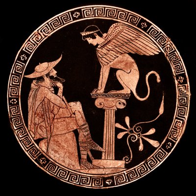 Kylix ático de figura roja que representa a Edipo y la Esfinge, Vulci, c.470 a.C. de Oedipus Painter (attr. to)