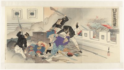 Representación de la guerra chino-japonesa en Pyongyang Nisshin sensô Nissei Heijô shôho zu (título sobre objeto) de Ogata Gekko