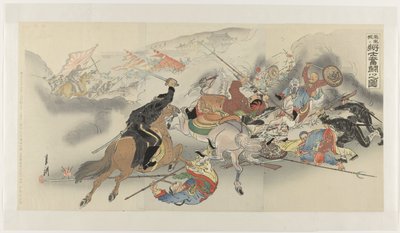 La difícil batalla en Feng Huang Cheng Hôôjô ni shôshi funtô no zu (título sobre el objeto) de Ogata Gekko