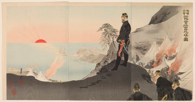 Oficiales y hombres admirando el sol naciente mientras vivaquean en las montañas de Port Arthur de Ogata Gekko