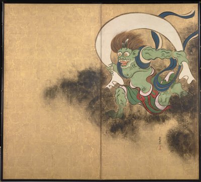 Le dieu du vent (El dios del viento) Parte derecha de un biombo de dos paneles - Obra de Ogata Korin (1658-1716), acuarela y tinta sobre papel, principios del siglo XVIII, arte japonés, mitología oriental - Museo Nacional de Tokio, Japón de Ogata Korin