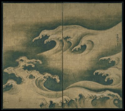 Olas Bravas, biombo de dos paneles, c.1704-9 de Ogata Korin