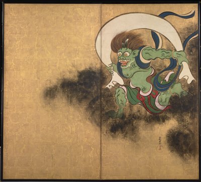 El dios del viento. Parte derecha de biombos de dos hojas Dios del viento y Dios del trueno, principios del siglo XVIII de Ogata Korin