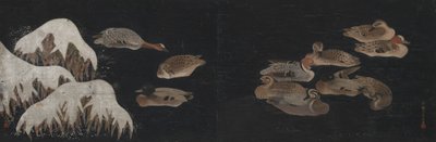 Patos en un estanque invernal de Ogawa Haritsu