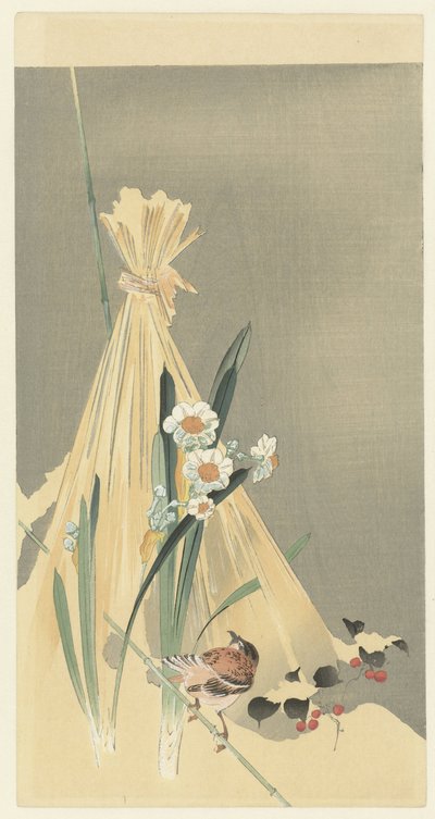Pájaro cantor en fardo de heno de Ohara Koson (attributed to)