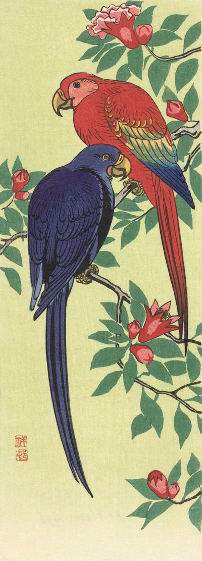 Un loro rojo y otro azul, del artista japonés Ohara Koson de Ohara Koson