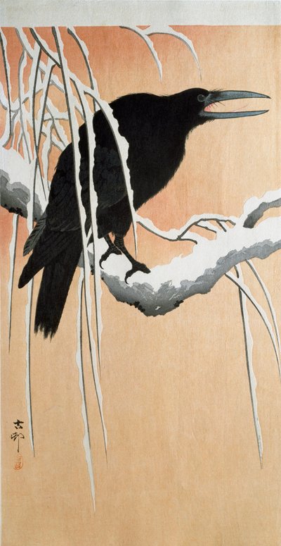 Un cuervo en una rama nevada de Ohara Koson