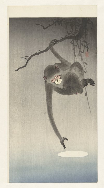 Mono y reflejo de la luna. de Ohara Koson