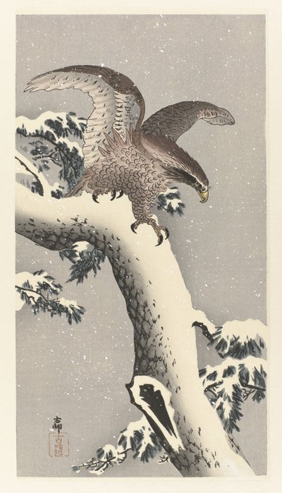 Águila en pino nevado de Ohara Koson