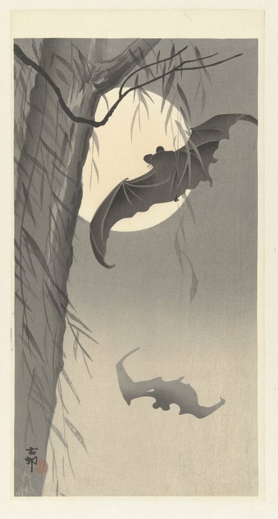 Murciélagos y luna llena de Ohara Koson