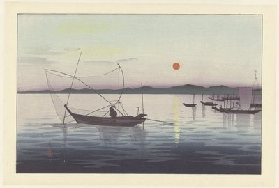 Barcos y sol poniente. de Ohara Koson