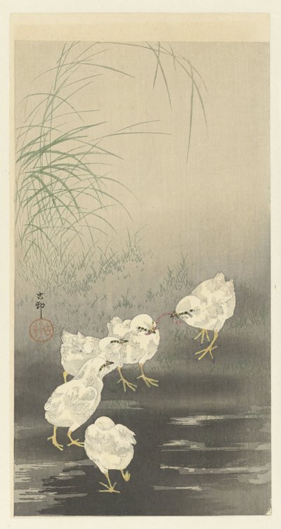 pollitos y gusano de Ohara Koson