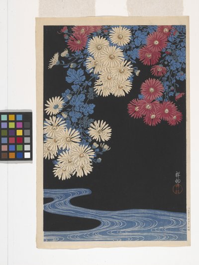 Crisantemos y arroyo (xilografía en color) de Ohara Koson