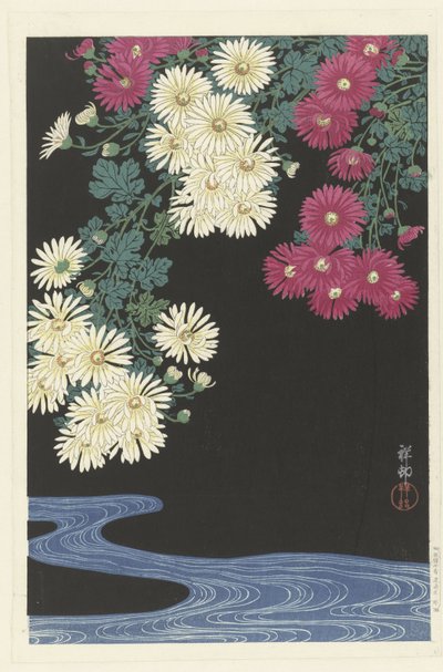 Crisantemos y agua corriente de Ohara Koson