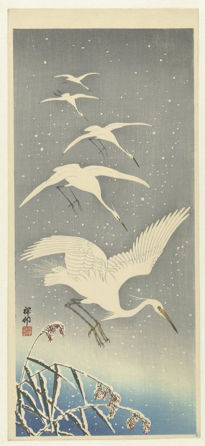 Garcetas descendientes en la nieve de Ohara Koson