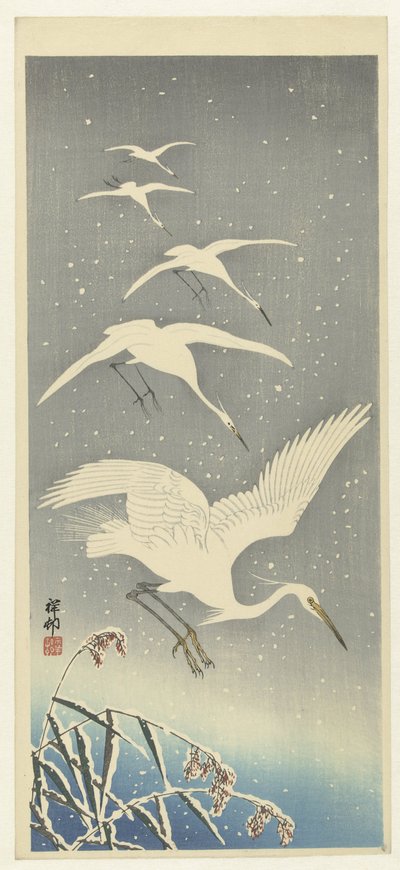 Garzas descendentes en la nieve de Ohara Koson