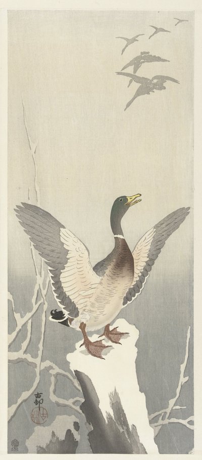 Pato en tocón de árbol cubierto de nieve de Ohara Koson