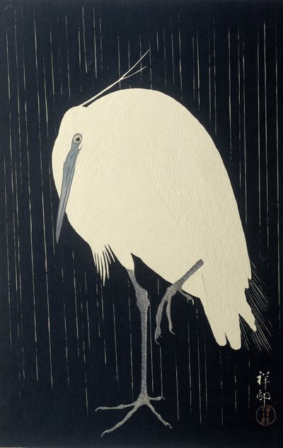 Garza bajo la lluvia de Ohara Koson