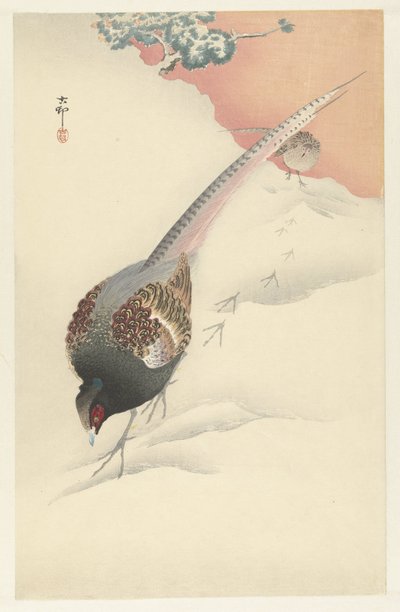 Pareja de faisanes en la nieve. de Ohara Koson