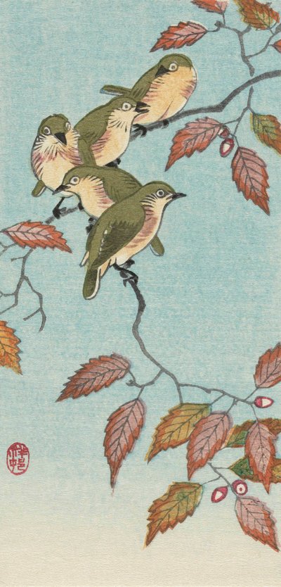 Cinco pequeños pájaros en una ramita, del artista japonés Ohara Koson de Ohara Koson