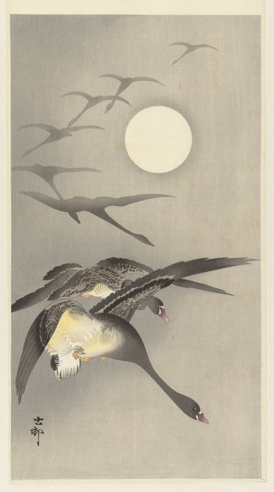 Gansos en luna llena de Ohara Koson