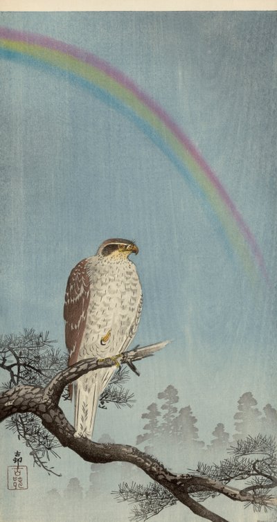 Halcón en un pino con un arco iris arriba de Ohara Koson