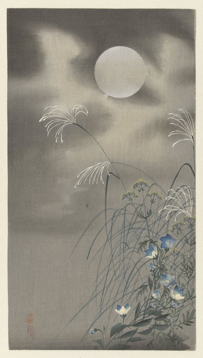 Hierbas y flores en luna llena de Ohara Koson