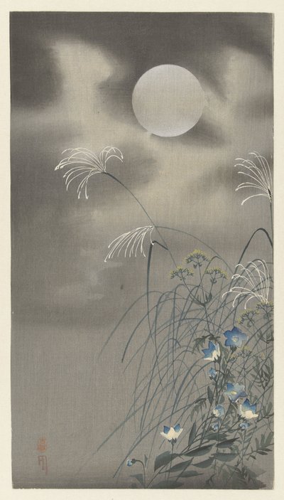 Hierbas y flores junto a la luna llena de Ohara Koson