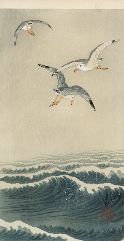 Gaviotas en el mar de Ohara Koson