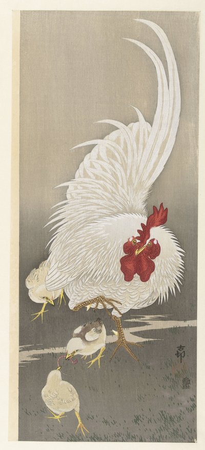 Gallo y tres pollitos de Ohara Koson