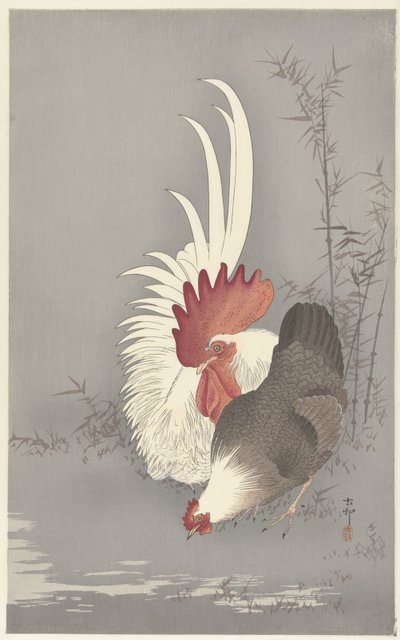 gallo y pollo de Ohara Koson