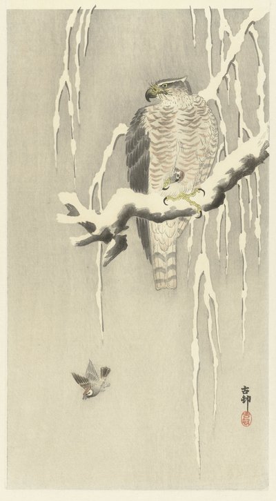 Halcón con gorrión cautivo. de Ohara Koson