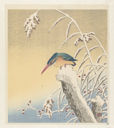 Martín pescador en la nieve de Ohara Koson
