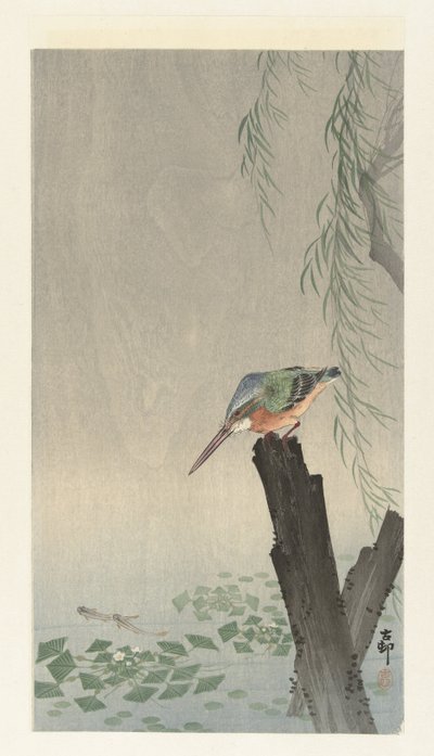 Martín pescador en tocón de árbol de Ohara Koson