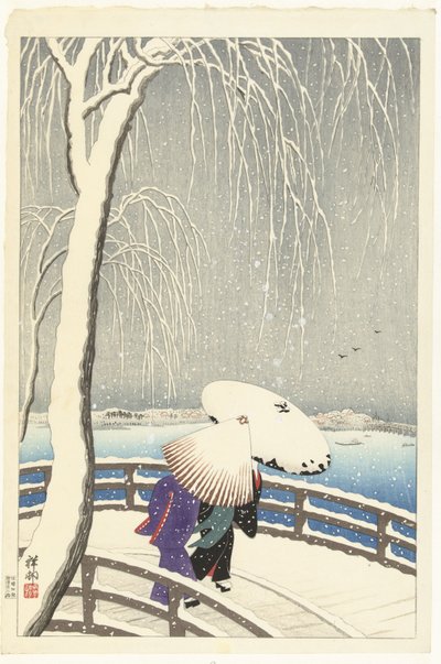 En la nieve en Yanagibashi de Ohara Koson