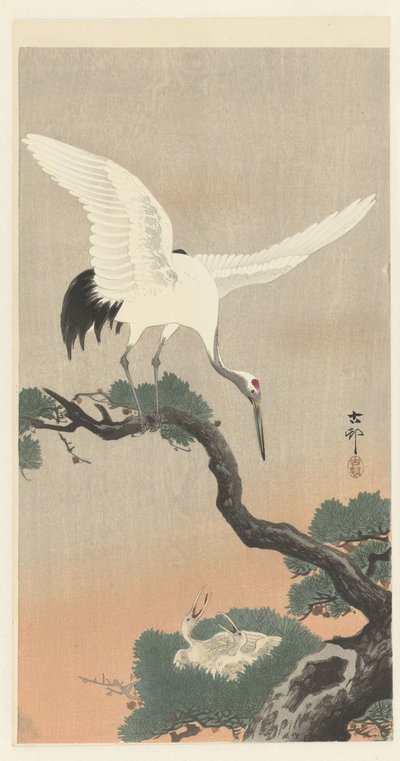 Grúa japonesa en rama de pino de Ohara Koson