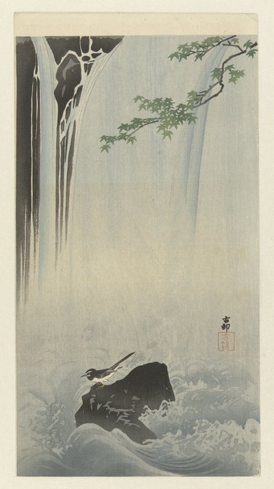 Lavandera japonesa en cascada de Ohara Koson