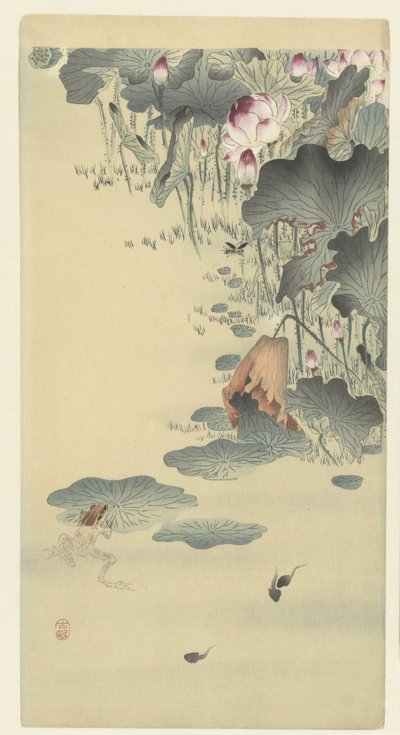 Rana y renacuajos de Ohara Koson