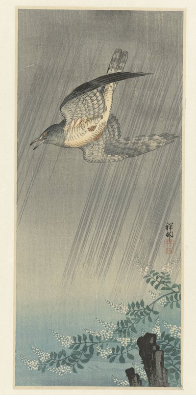 Cuco en tormenta de Ohara Koson
