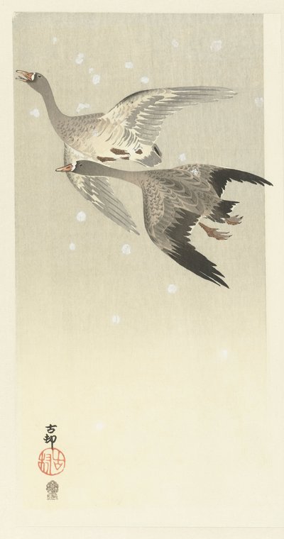Gansos de frente blanca volando en la nieve de Ohara Koson