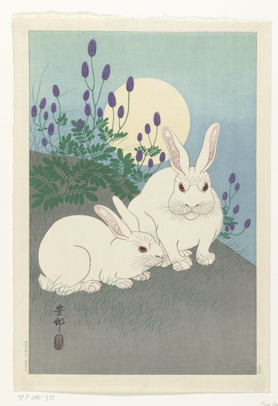 Conejos en luna llena de Ohara Koson