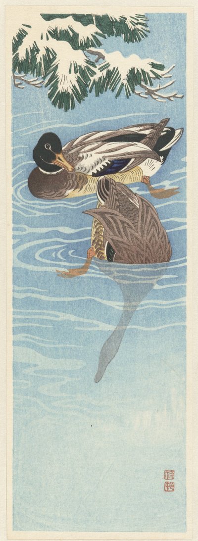Pareja de ánades reales en el agua de Ohara Koson