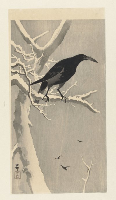 Cuervo en la rama de un árbol cubierto de nieve. de Ohara Koson